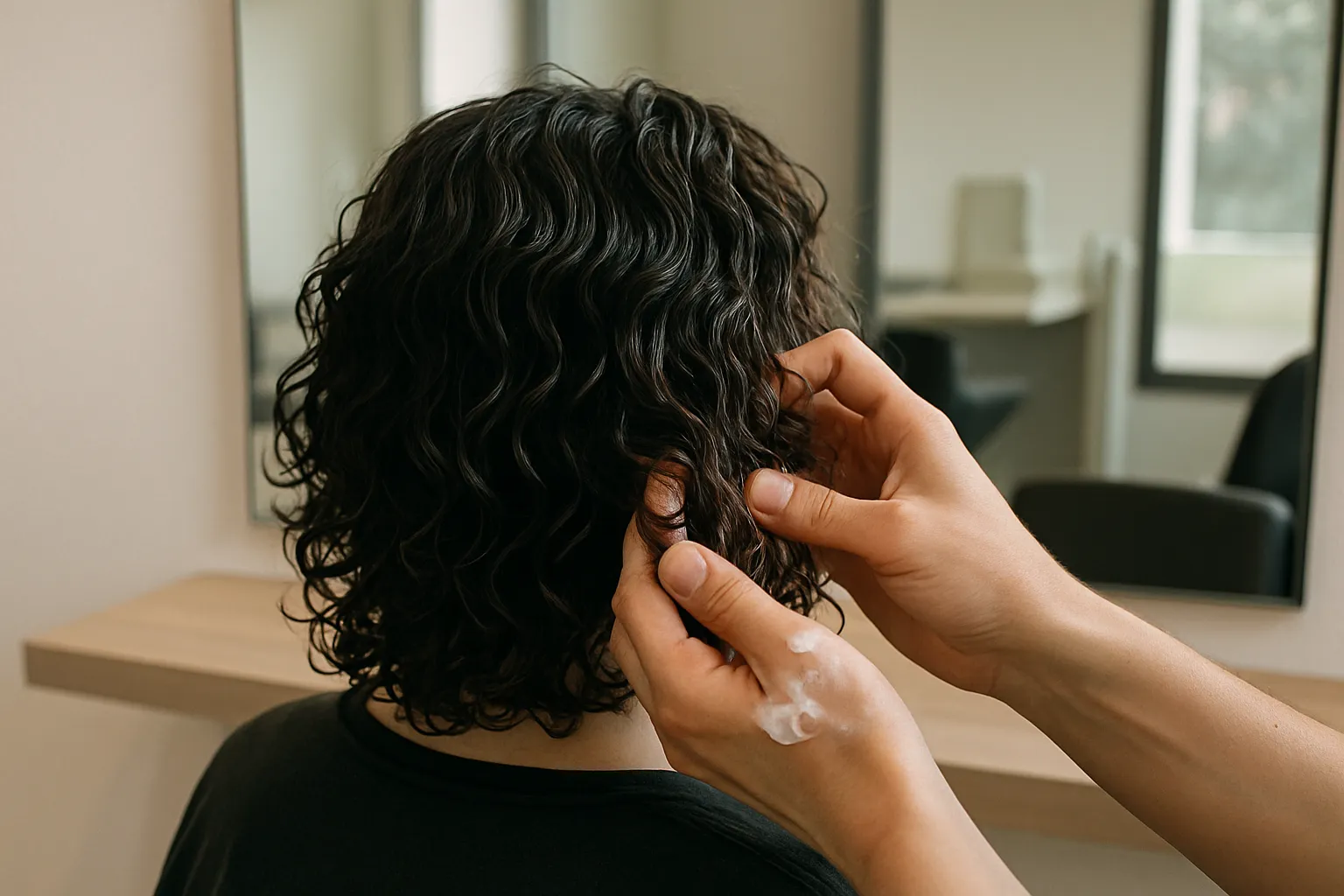 Le mani applicano la crema su capelli ricci bagnati, davanti allo specchio del salone