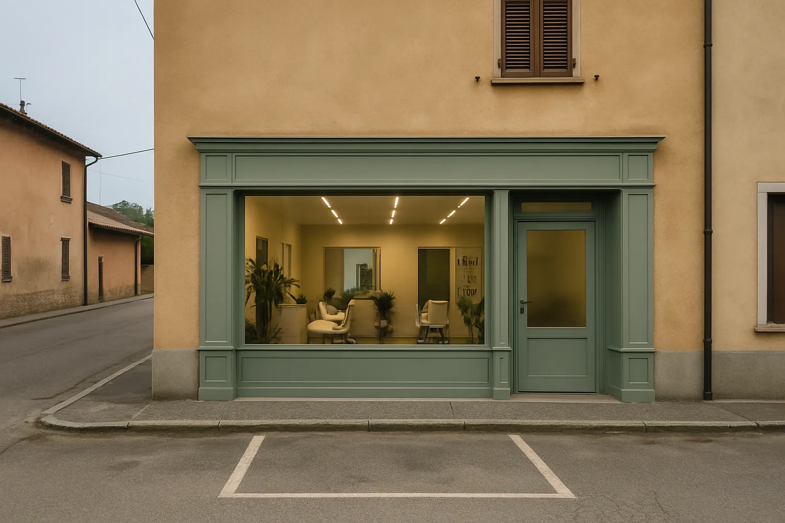 La vetrina verde del salone, in una via tranquilla, con il parcheggio davanti